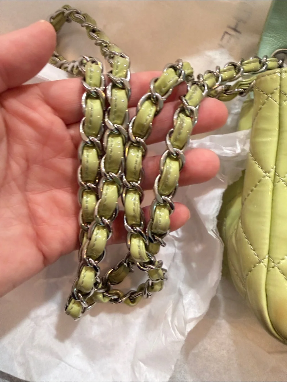 CHANEL Quilted Patent Leather Mini Flap Bag in Lime